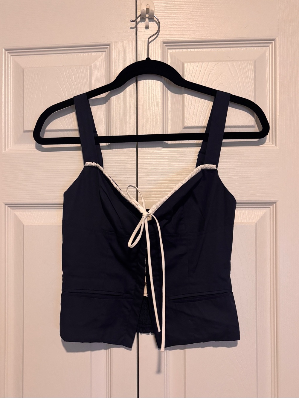 Moon River navy corset bustier top with white tie detail